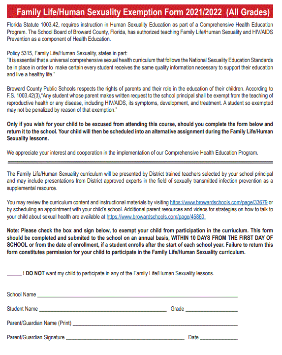 Family Life/Human Sexuality Opt Out Form